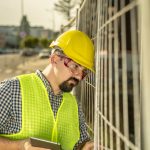 Exhausted engineer, construction worker or architect. The scene is situated outdoors in Sofia city industrial financial area during sunny summer day. The picture is taken with Sony A7III camera.